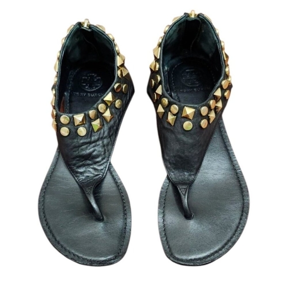 Tory Burch black gladiator gold stud sandal in lamb leather size 7.5 - Picture 3 of 12